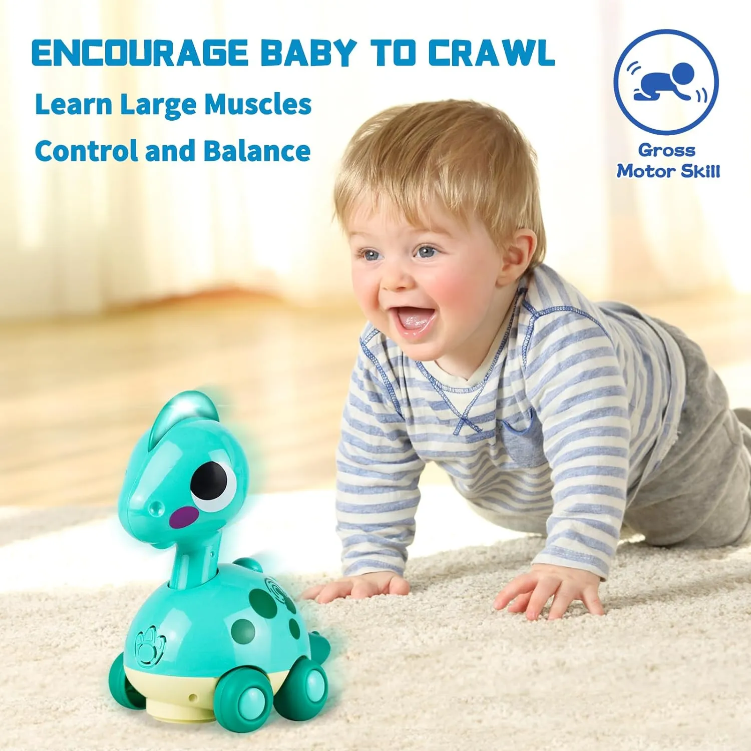Baby Toys, Touch and Go Musical Crawling Dinosaur Toys with Lights & Sounds, Learning Gifts for Boys Girls Toddlers Kids