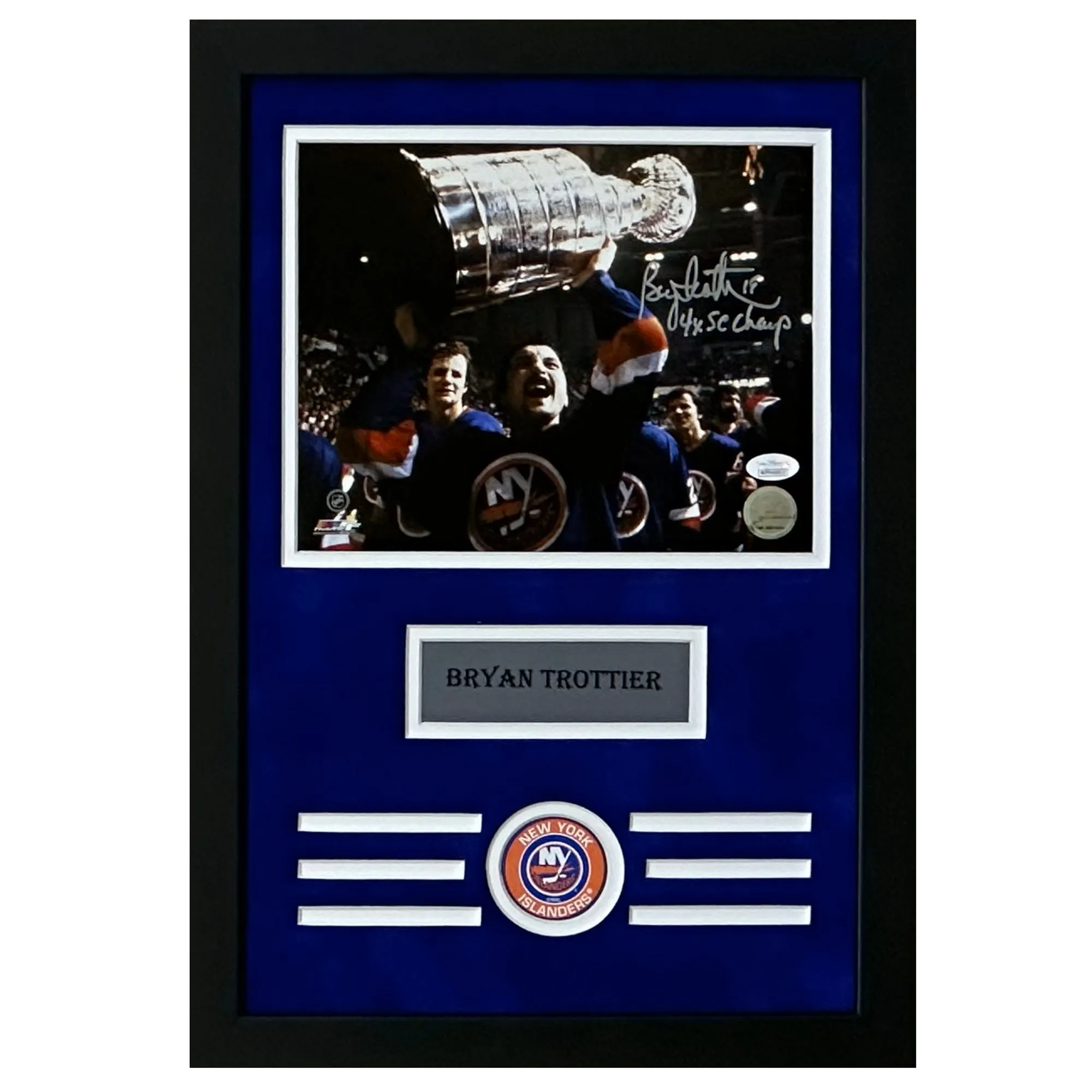 Bryan Trottier Hand Signed & Framed 4x SC Champs Inscribed 8x10 Photo (JSA)