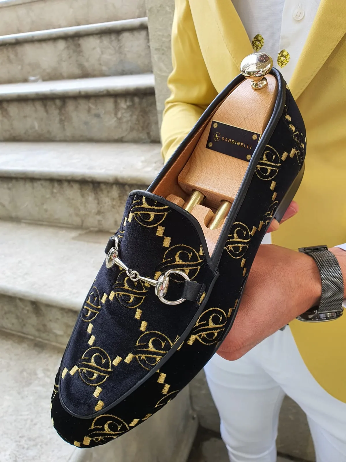 Genova Embroided Velvet Buckled Black Loafers