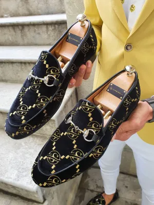 Genova Embroided Velvet Buckled Black Loafers