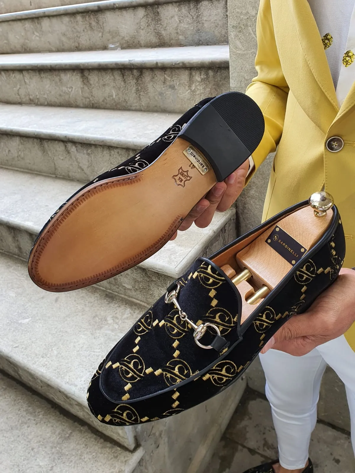 Genova Embroided Velvet Buckled Black Loafers