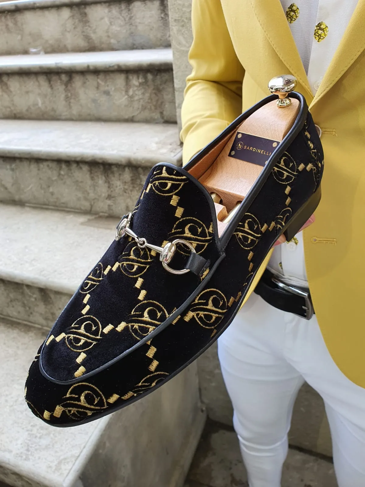 Genova Embroided Velvet Buckled Black Loafers