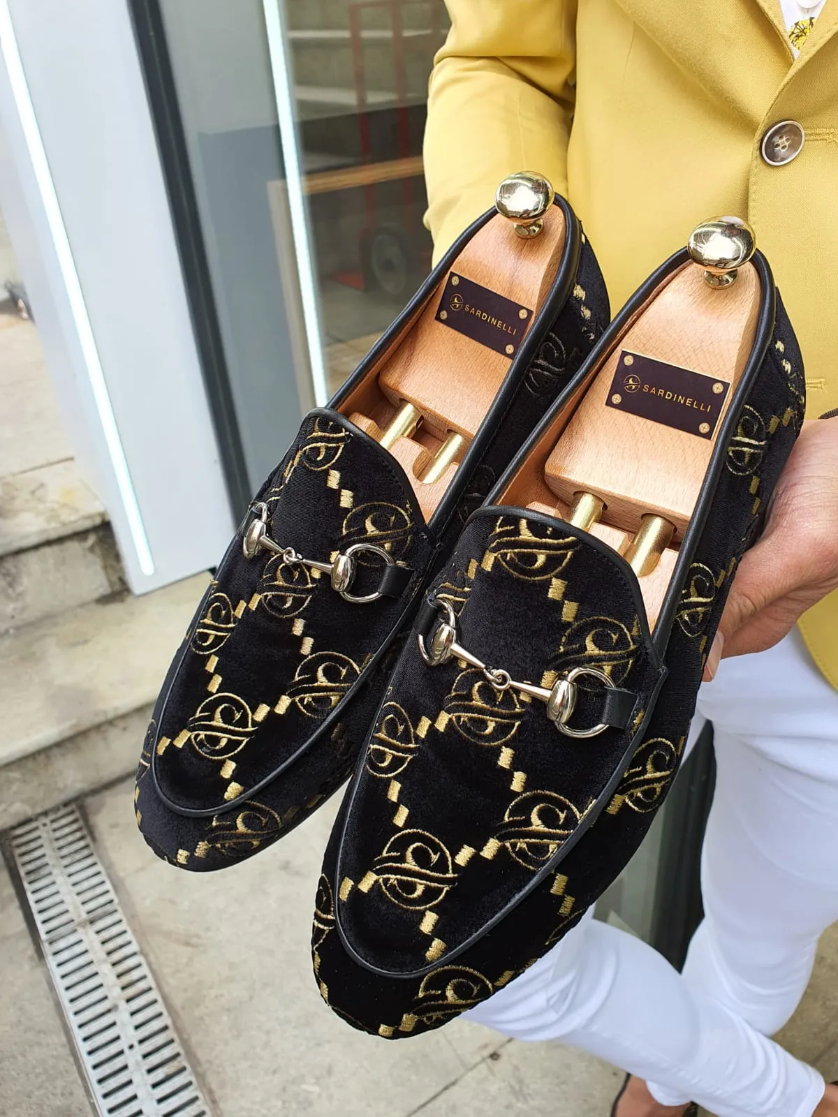 Genova Embroided Velvet Buckled Black Loafers