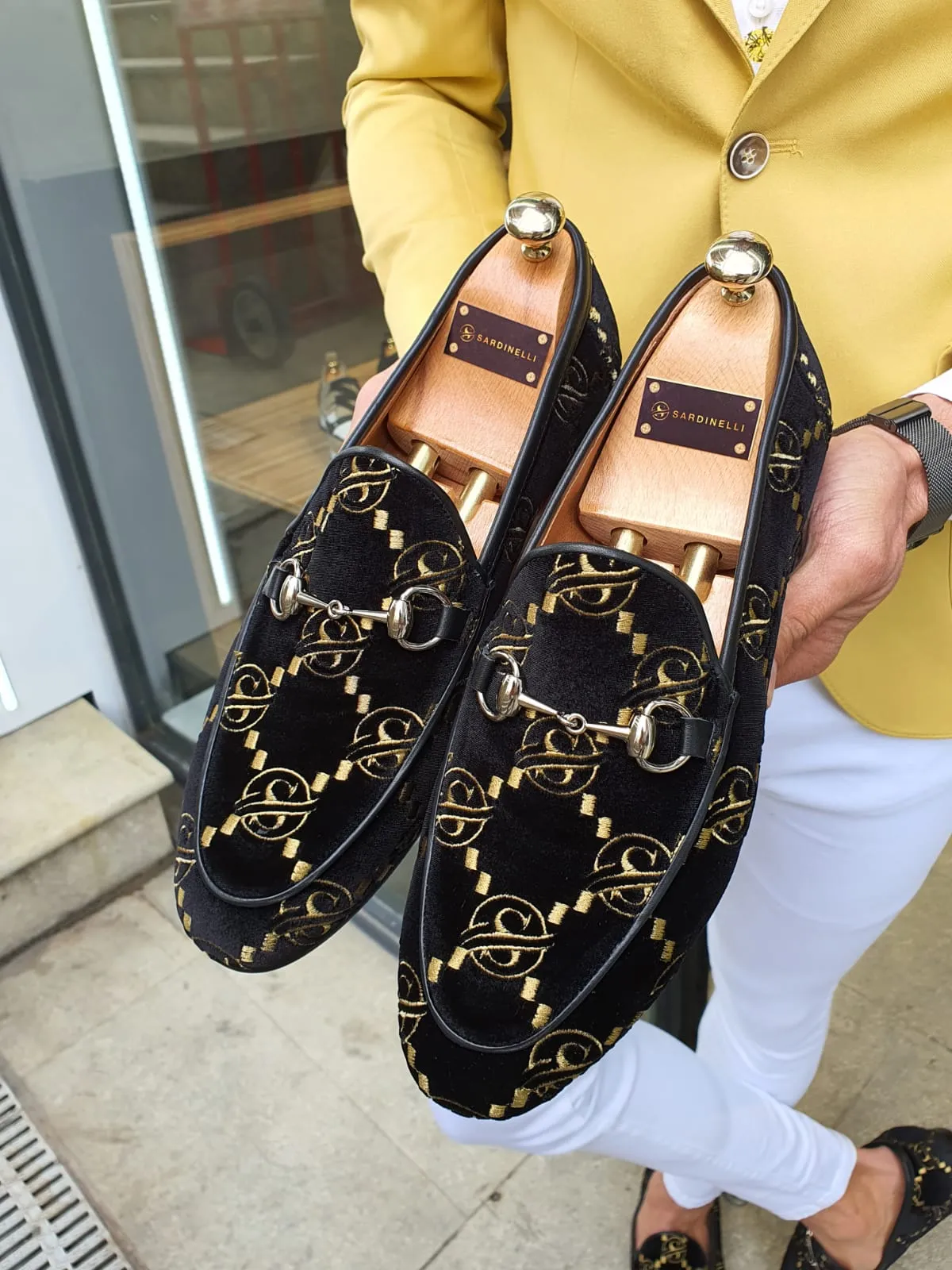 Genova Embroided Velvet Buckled Black Loafers