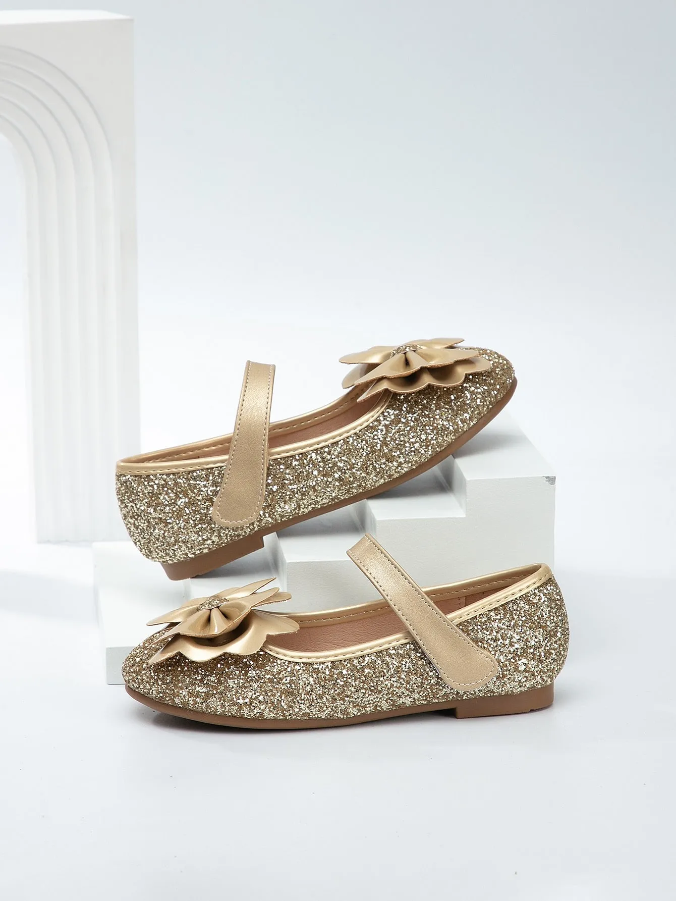 Girls Bow Decor Glitter Mary Jane Flats