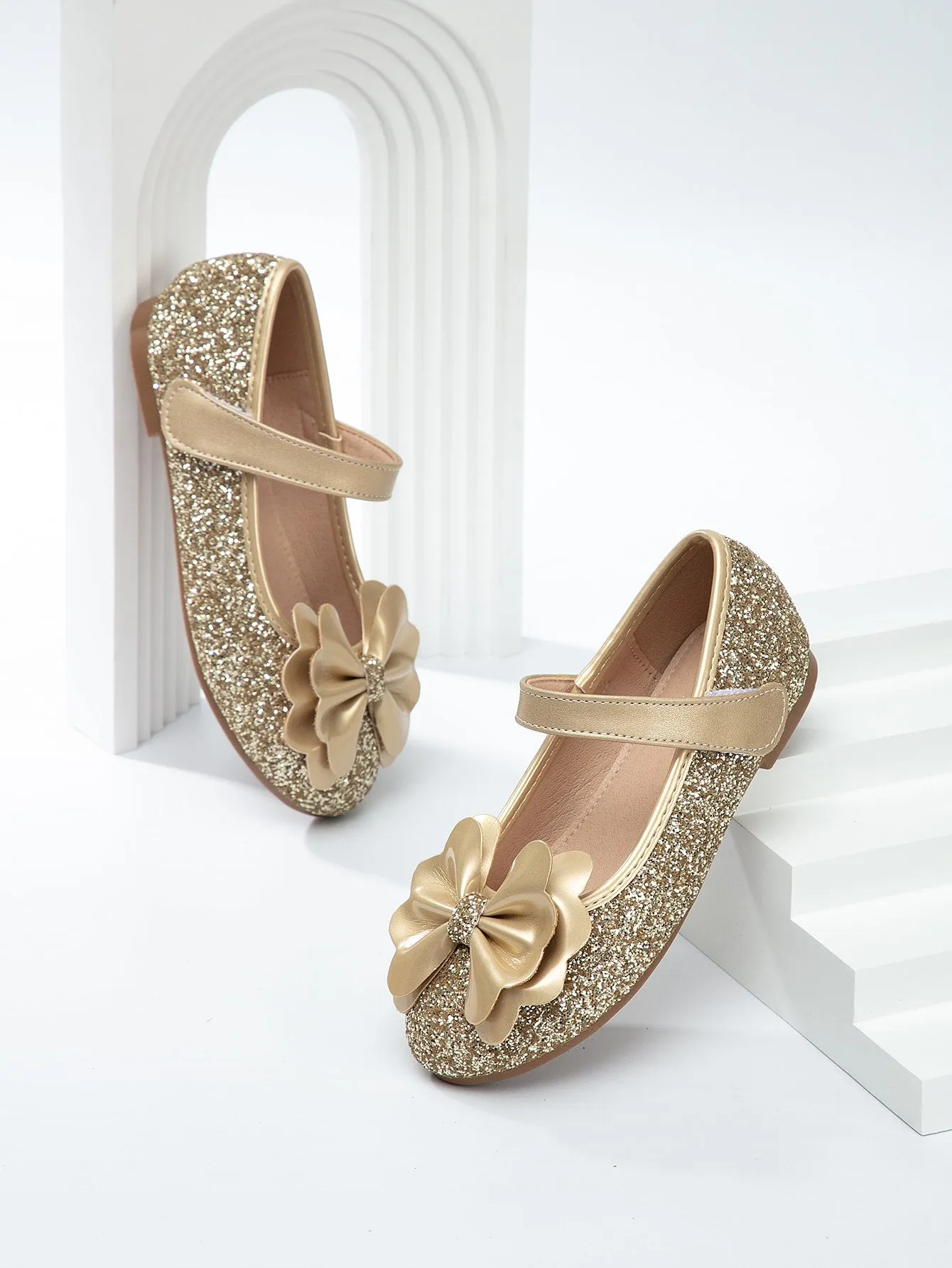 Girls Bow Decor Glitter Mary Jane Flats