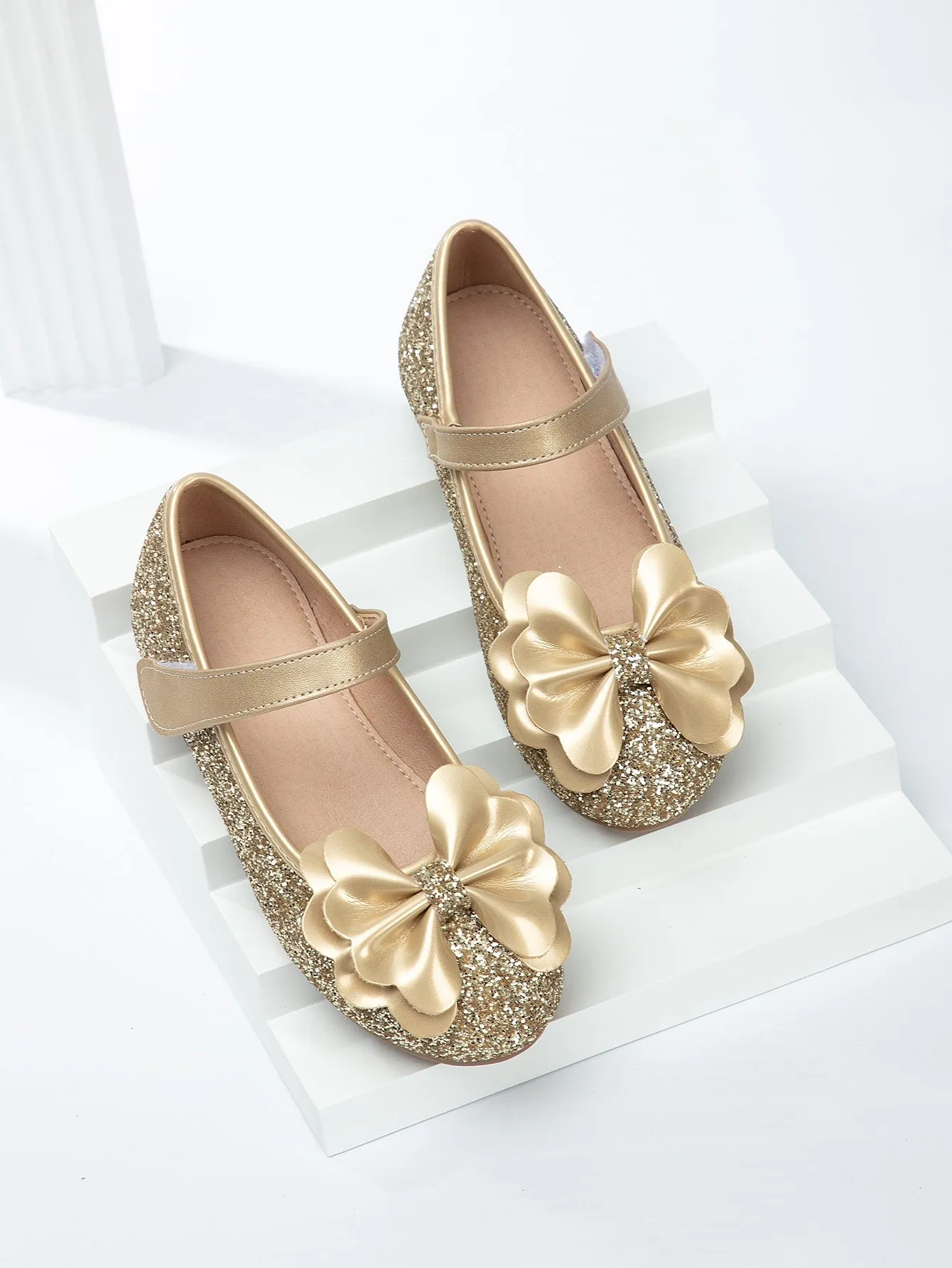 Girls Bow Decor Glitter Mary Jane Flats