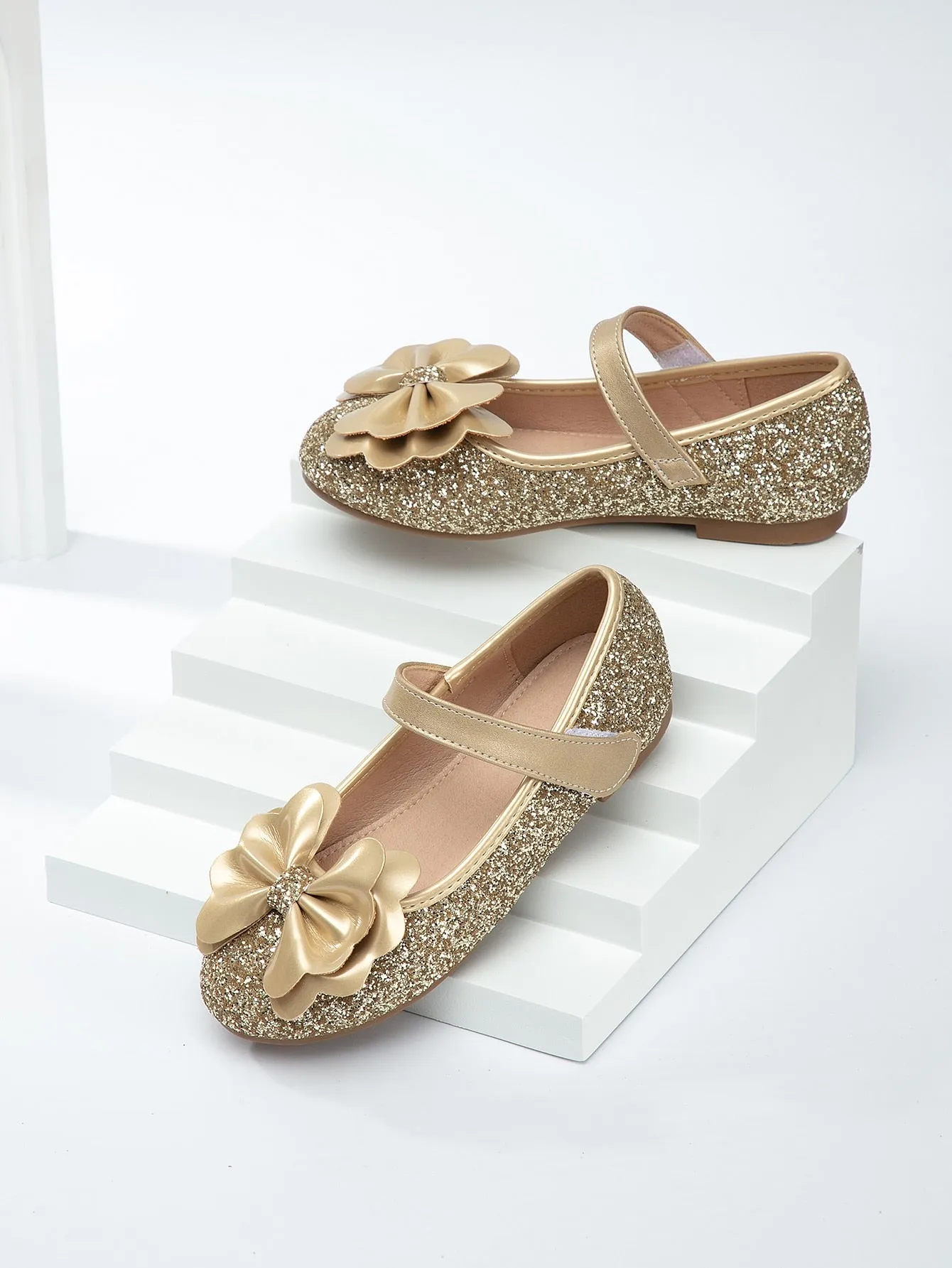 Girls Bow Decor Glitter Mary Jane Flats