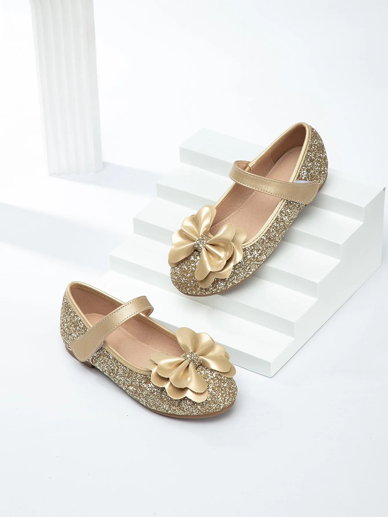 Girls Bow Decor Glitter Mary Jane Flats
