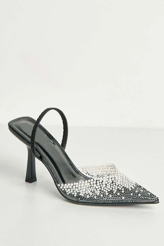 Hali Diamante & Pearl Embellished Perspex Pointy Shoes in Black