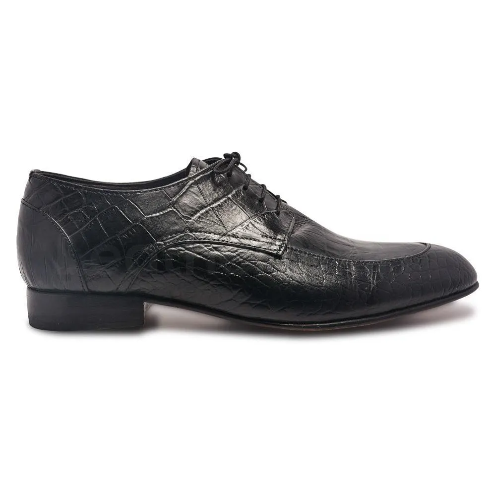 Men Black Derby Leather Shoes with Crocodile Pattern