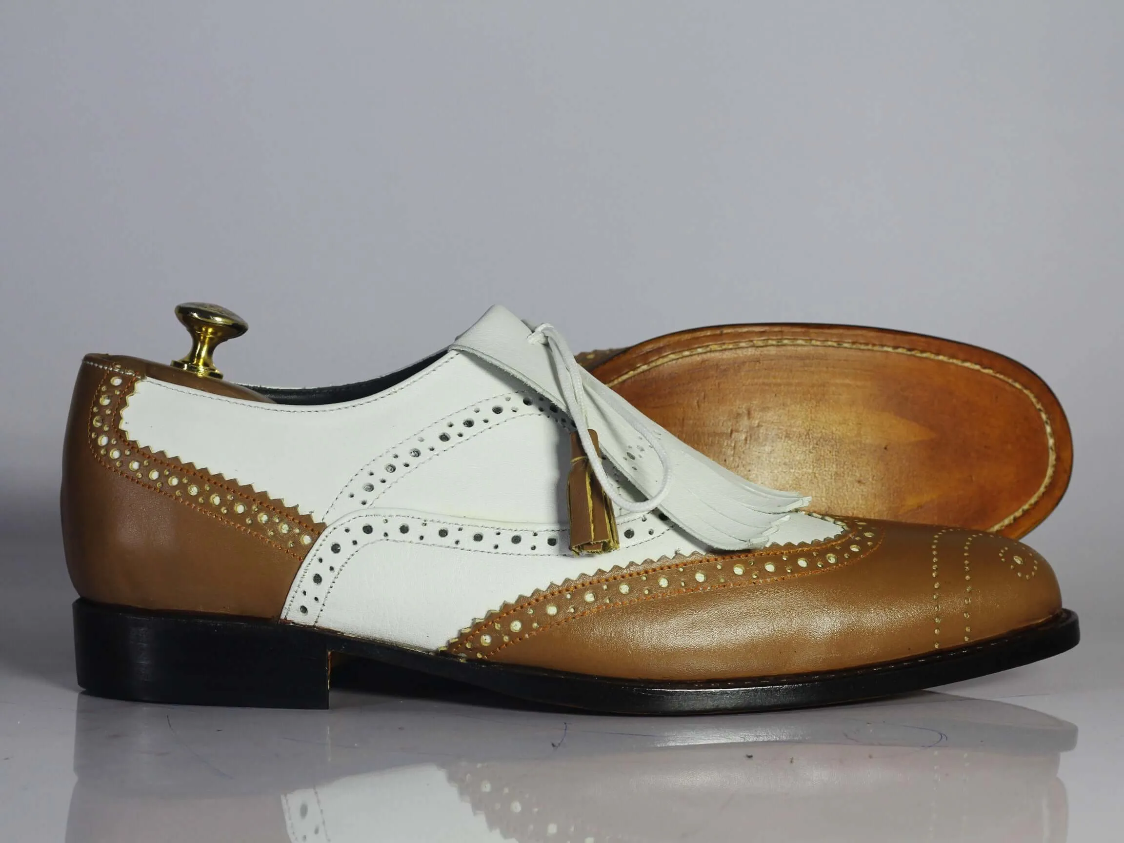 Men's Brown White Wing Tip Fringe Style Formal Shoes