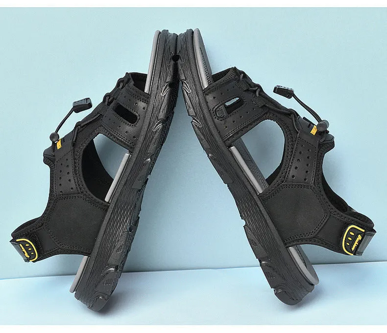 Men's Outdoor Water Sports Leather Sandals with Open Toe Adjustable Straps