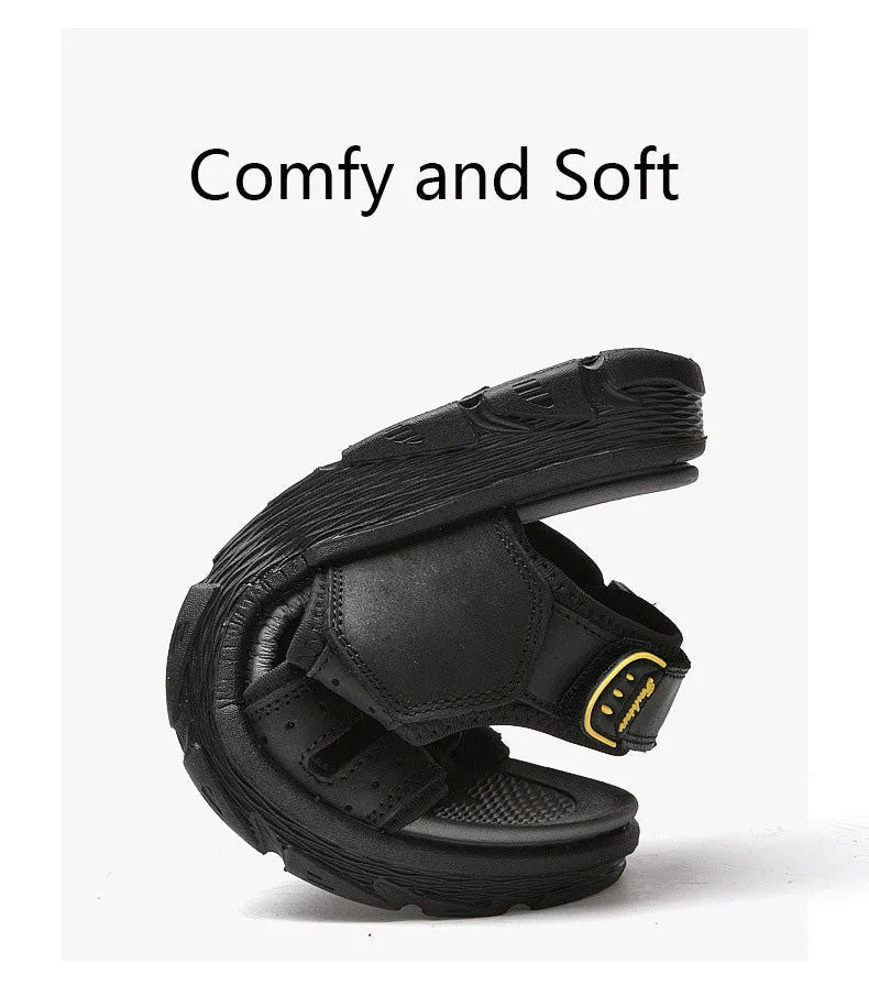 Men's Outdoor Water Sports Leather Sandals with Open Toe Adjustable Straps