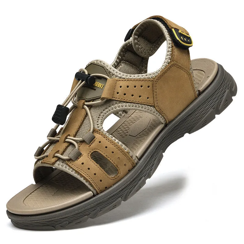Men's Outdoor Water Sports Leather Sandals with Open Toe Adjustable Straps