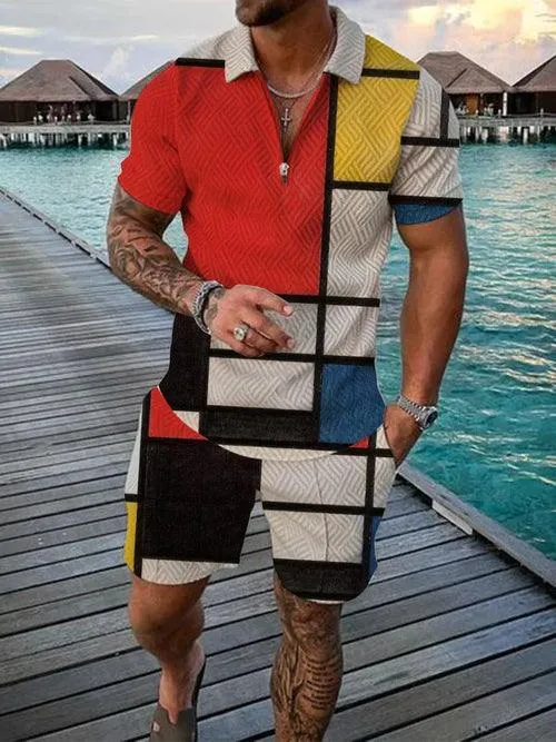 Men's Shorts Set Sleeve Zip Polo Shirt