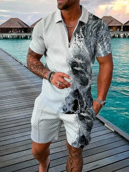 Men's Shorts Set Sleeve Zip Polo Shirt