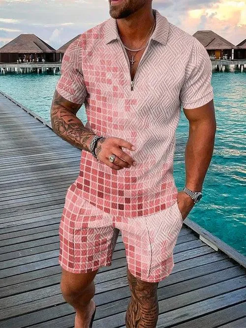 Men's Shorts Set Sleeve Zip Polo Shirt