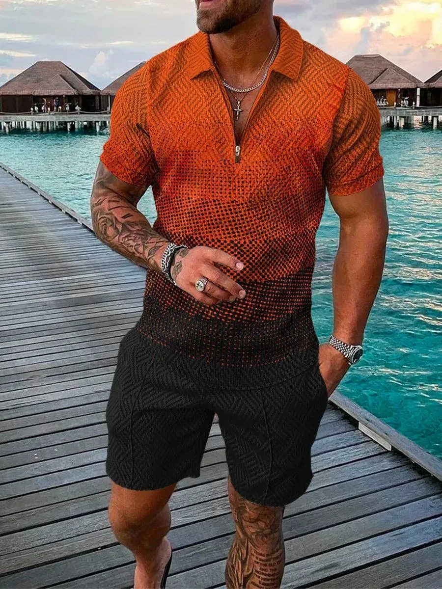 Men's Shorts Set Sleeve Zip Polo Shirt