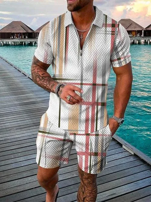 Men's Shorts Set Sleeve Zip Polo Shirt