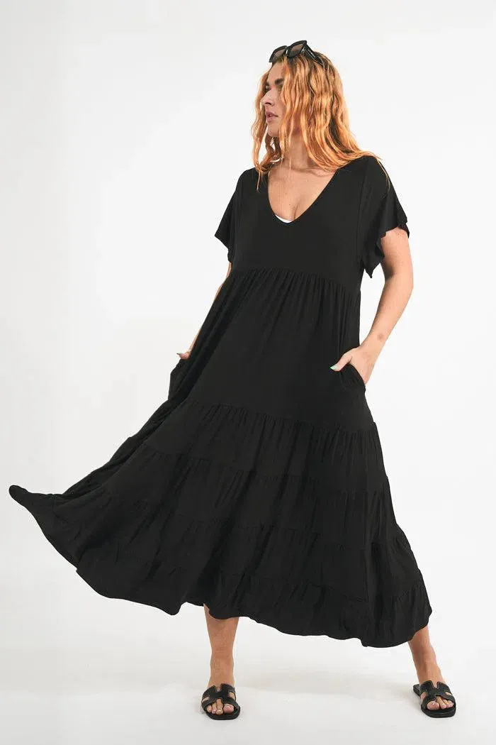 Slinky To Touch Baby Doll Tiered V Neck Maxi Dress - Black