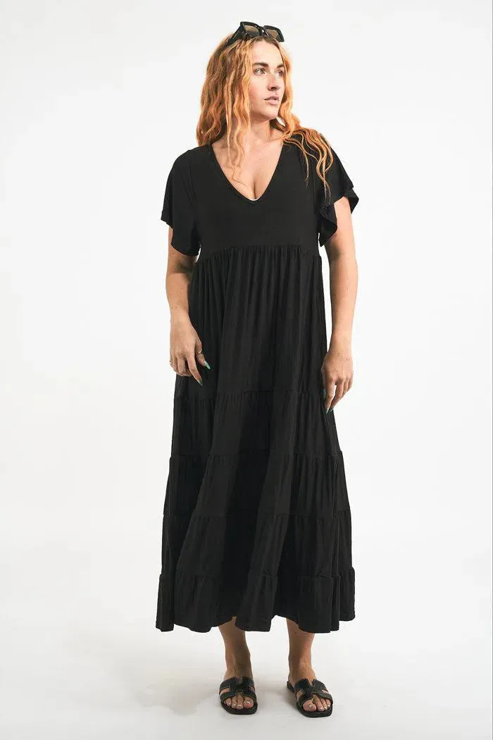 Slinky To Touch Baby Doll Tiered V Neck Maxi Dress - Black
