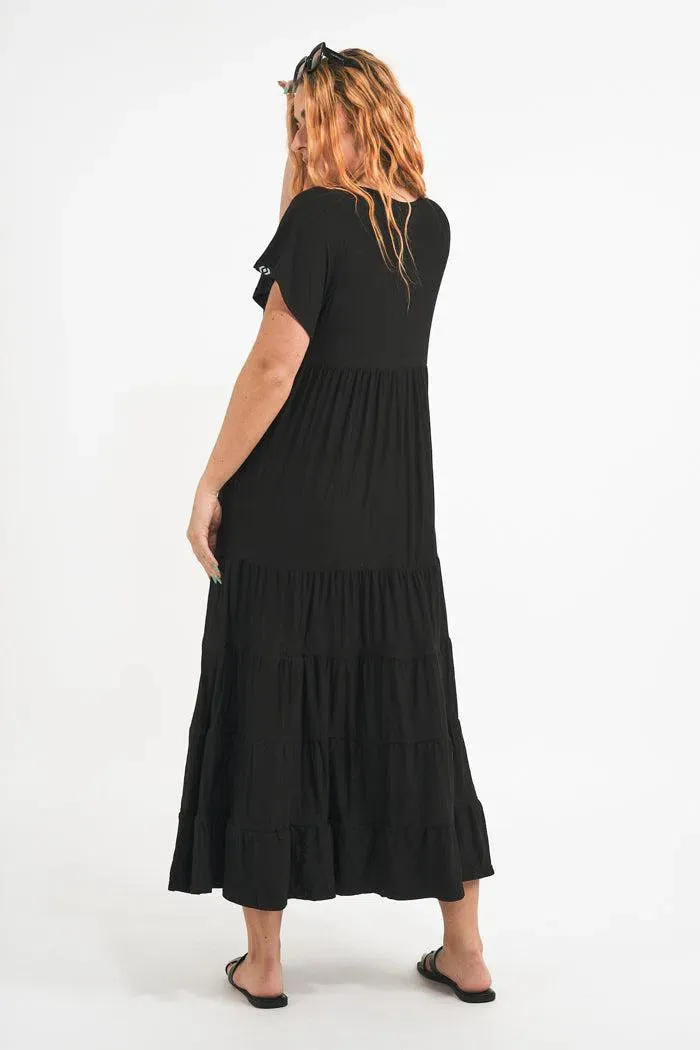Slinky To Touch Baby Doll Tiered V Neck Maxi Dress - Black
