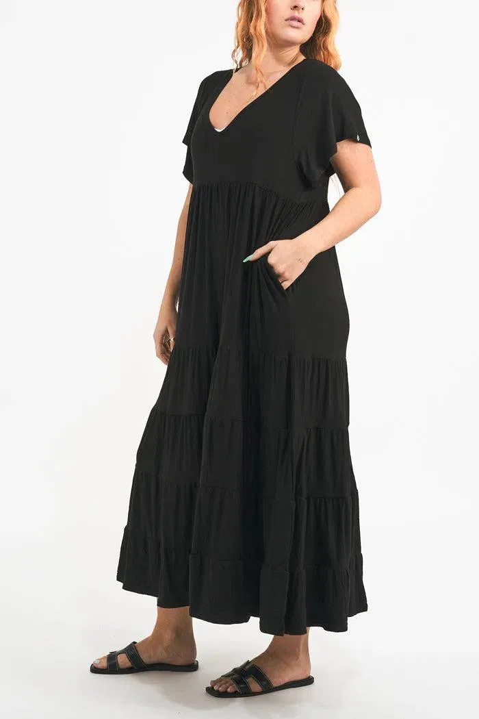 Slinky To Touch Baby Doll Tiered V Neck Maxi Dress - Black