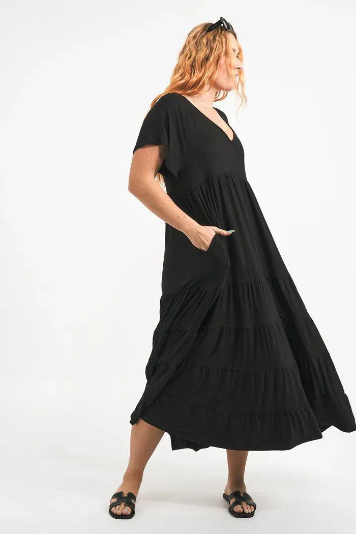 Slinky To Touch Baby Doll Tiered V Neck Maxi Dress - Black