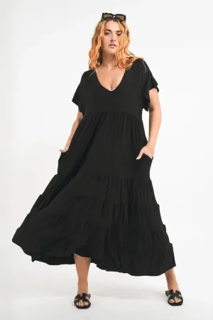 Slinky To Touch Baby Doll Tiered V Neck Maxi Dress - Black