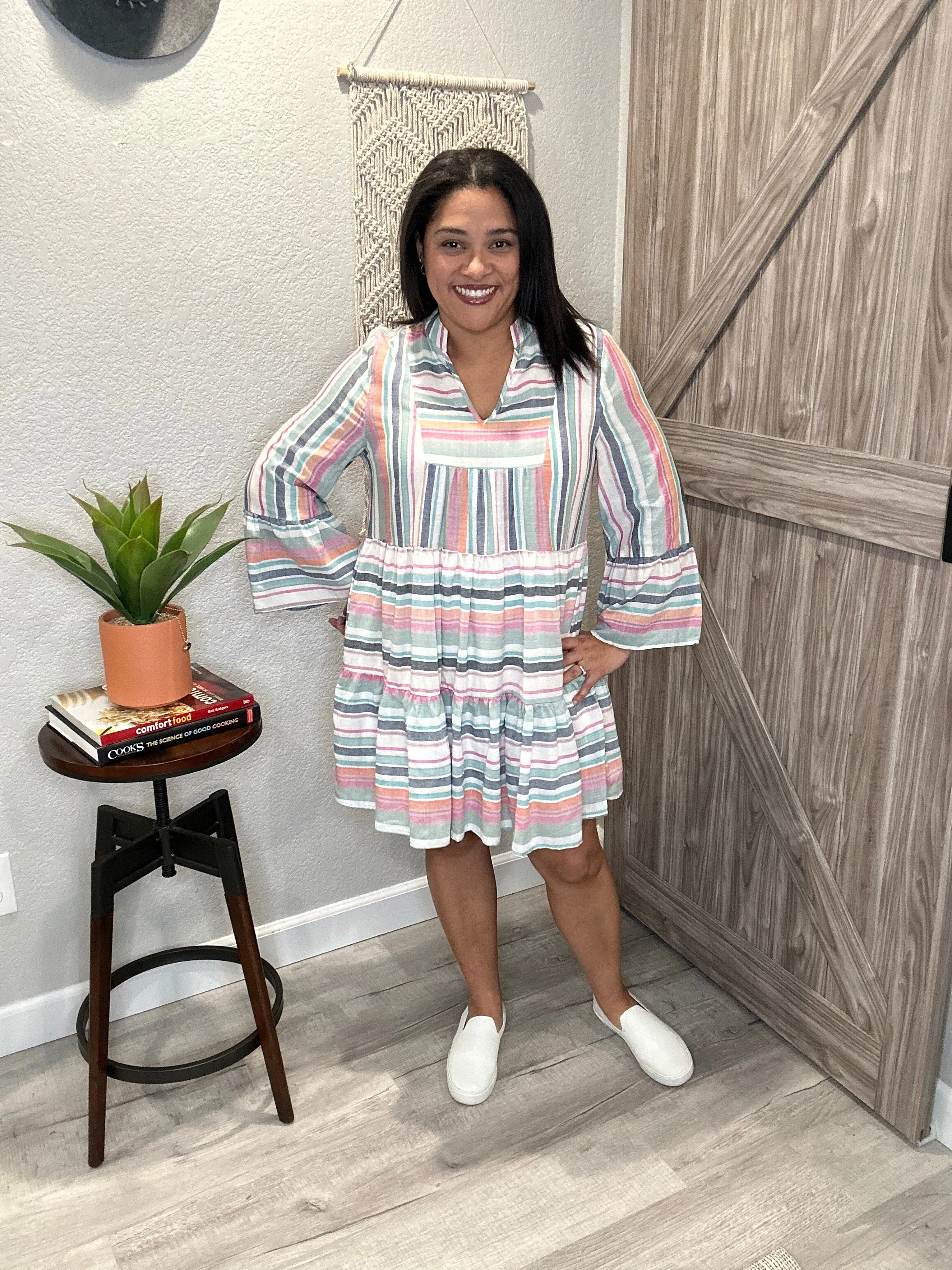 Summer Stripe Bell Sleeve Tiered Dress