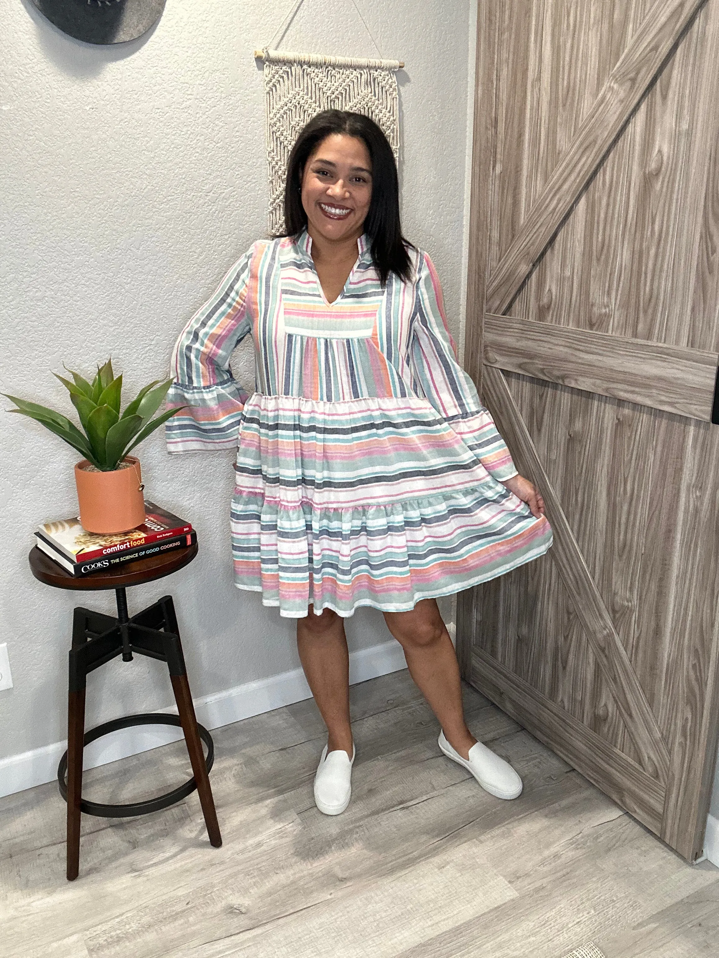 Summer Stripe Bell Sleeve Tiered Dress