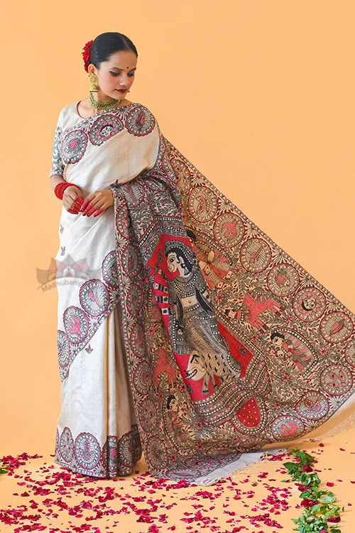 SUNDARII Handpainted Madhubani Tussar Silk Saree Madhubani Paints