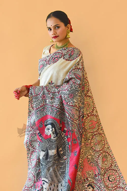 SUNDARII Handpainted Madhubani Tussar Silk Saree Madhubani Paints