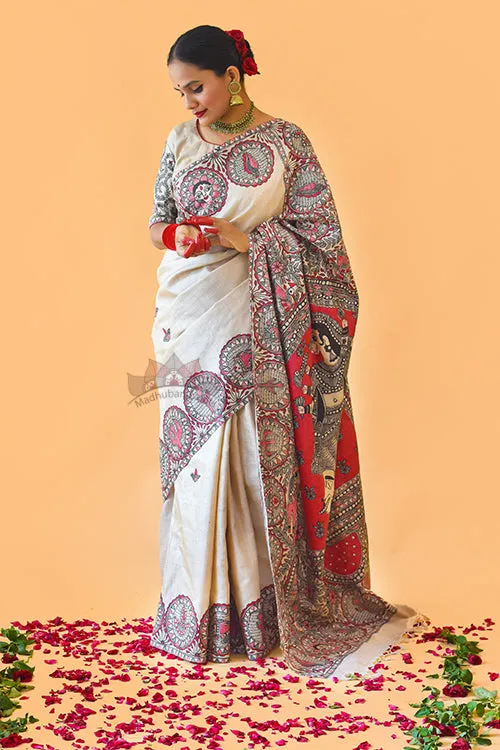 SUNDARII Handpainted Madhubani Tussar Silk Saree Madhubani Paints