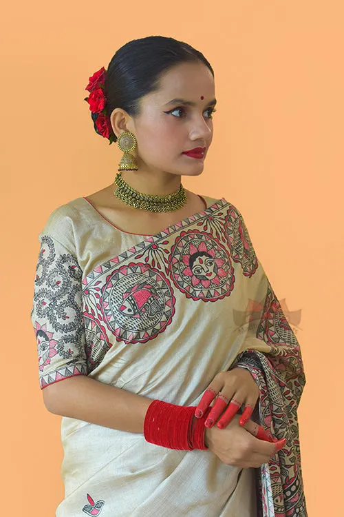 SUNDARII Handpainted Madhubani Tussar Silk Saree Madhubani Paints