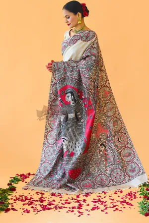 SUNDARII Handpainted Madhubani Tussar Silk Saree Madhubani Paints