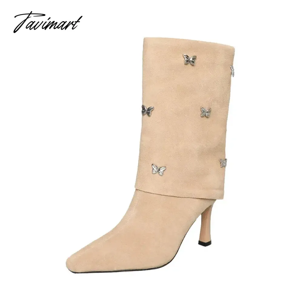 Tavimart Autumn Boots Women Cow Suede Leather Shoes for Women Square Toe Trouser Boots Bow-knot Thin Heel Shoes Black Western Boots
