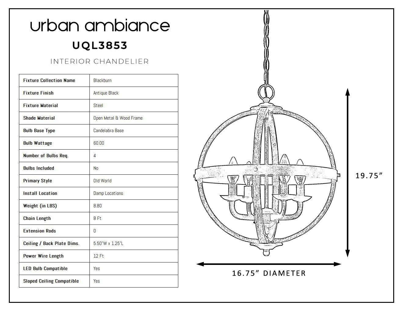 UQL3853 Old World Chandelier 19.75''H x 16.75''W, Antique Black Finish, Blackburn Collection